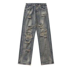 Ripped denim straight leg pants
