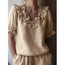 Women's loose top with ruffled collar and bubble sleeves