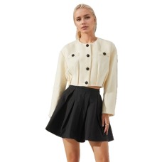 Round neck pleated waist cinching short jacket