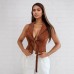 Waist tie and neck hanging polo collar top