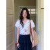 Fresh Youthful Short Crop One-Piece Tie-Belt Puff Sleeve Top for Women