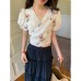 Fresh Youthful Short Crop One-Piece Tie-Belt Puff Sleeve Top for Women
