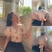 Fresh Youthful Short Crop One-Piece Tie-Belt Puff Sleeve Top for Women