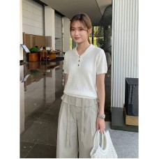 Old Money Style Polo Neck Hollow Knit Short Sleeve Loose Commute Top