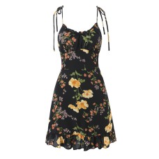 Holiday style floral print with fungus edge slim fit suspender dress