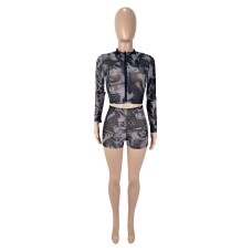 Sheer Printed Zipper Long Sleeve Top with  Shorts Set