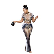 Striped Printed Sheer Mesh Crop Top with Short Sleeve Set Striped Printed Sheer Mesh Crop Top with Short Sleeve Set