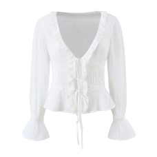 V-neck waist cinched long sleeved top
