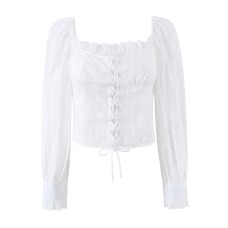 Square collar waist cinched long sleeved top