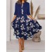 Two-piece long dress with floral and grass print, round neckline
