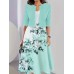 Two-piece long dress with floral and grass print, round neckline