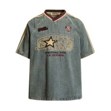 Embroidered letters embroidered fabric washed and used denim short sleeves