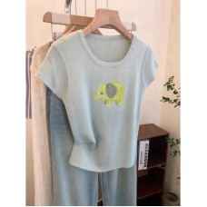 Pastel Blue Elephant Print Short Sleeve Women's Unique Casual Top