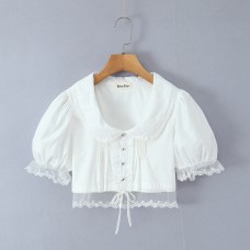 Doll collar lace patchwork bubble sleeves mesh white top