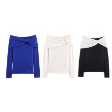 French style one shoulder inlaid knitted top