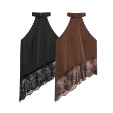 Casual versatile lace patchwork neck hanging collar top