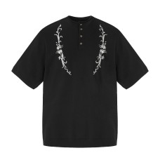 Floral embroidery loose Henry collar short sleeved T-shirt