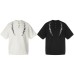 Floral embroidery loose Henry collar short sleeved T-shirt