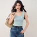 Floral Knit Crop Top for Women, Summer Fashion, Elegant Fitted Slimming Short Style Suitable for Petite Figures, Wearable Off-Shoulder Tank Top
