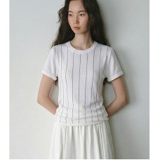 Fashion Striped Beaded Knit Top with Round Neck and Short Sleeve for Women, Casual Summer Wear Fashion Striped Beaded Knit Top with Round Neck and Short Sleeve for Women, Casual Summer Wear