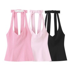 Spring back bow hanging neck collar top
