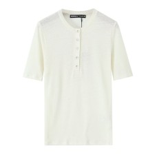 Solid color minimalist buckle embellished linen blend T-shirt