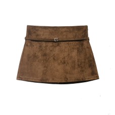 High waisted skirt pants with suede texture effect and waist belt