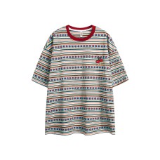 Cherry embroidery patchwork striped loose men's and women's short sleeves