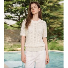 Casual  Round Neck Hollow Knit Short Sleeve Top for Women Lightweight Breathable Skin-Friendly Versatile Upper Wear