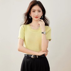 Dopamine Solid Color Ruffle Round Neck Short Sleeve Knit Top for Women, Summer Fitted Slim Fit Elegant Top
