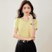 Dopamine Solid Color Ruffle Round Neck Short Sleeve Knit Top for Women, Summer Fitted Slim Fit Elegant Top
