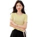 Dopamine Solid Color Ruffle Round Neck Short Sleeve Knit Top for Women, Summer Fitted Slim Fit Elegant Top