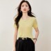 Dopamine Solid Color Ruffle Round Neck Short Sleeve Knit Top for Women, Summer Fitted Slim Fit Elegant Top