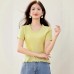 Dopamine Solid Color Ruffle Round Neck Short Sleeve Knit Top for Women, Summer Fitted Slim Fit Elegant Top