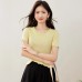 Dopamine Solid Color Ruffle Round Neck Short Sleeve Knit Top for Women, Summer Fitted Slim Fit Elegant Top