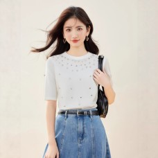 Casual Women's Short Sleeve Knit Top with Rhinestones Round NeckUnique and Stylish Design
