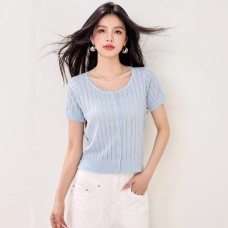 Chiffon Knit Top for Women Short Sleeve Lightweight Lace Patchwork Hollow Out, Fashionable