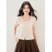 Chiffon Knit Top for Women Short Sleeve Lightweight Lace Patchwork Hollow Out, Fashionable