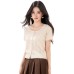 Chiffon Knit Top for Women Short Sleeve Lightweight Lace Patchwork Hollow Out, Fashionable