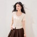 Chiffon Knit Top for Women Short Sleeve Lightweight Lace Patchwork Hollow Out, Fashionable