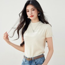 Clothing  Solid Color Short Sleeve Round Neck Knit Top for Women