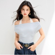 Casual Striped Short Sleeve Off-Shoulder Halter Neck Fitted Women's Top