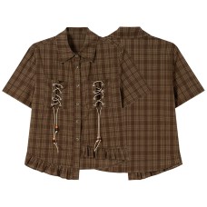 Strap fungus border plaid short sleeved shirt