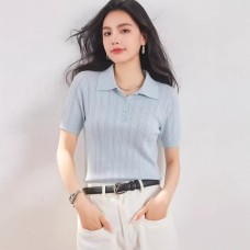 Fashionable Simple Elegant Polo Neck Top for Women with Button Design and Embroidered Knitwear