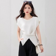 Chic Youthful Knit Top for Women with Side Button Crossed Waist Slimming Irregular Office Wear Top Spring Summer Chic Youthful Knit Top for Women with Side Button Crossed Waist Slimming Irregular Office Wear Top Spring Summer