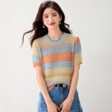 Gradient Stripe Round Neck Short Sleeve Knitwear Women's Versatile Slim Fit Design Top