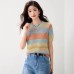 Gradient Stripe Round Neck Short Sleeve Knitwear Women's Versatile Slim Fit Design Top