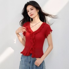 Elegant Ruffled V-Neck Red Knit Top for WomenYouthful and Charming, Sweet Style, Fitted Fit