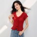 Elegant Ruffled V-Neck Red Knit Top for WomenYouthful and Charming, Sweet Style, Fitted Fit