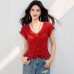 Elegant Ruffled V-Neck Red Knit Top for WomenYouthful and Charming, Sweet Style, Fitted Fit